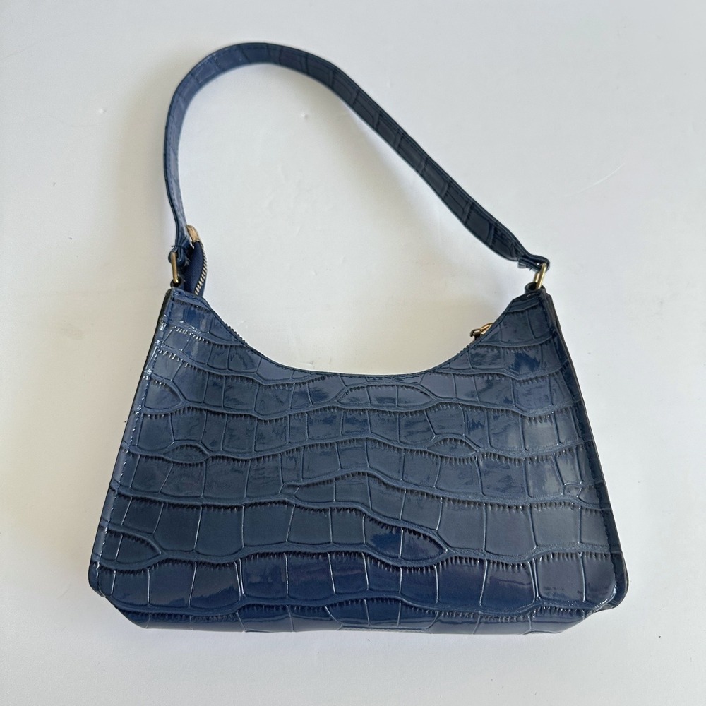 Y2K Navy Blue Croc Embossed Patent Faux Leather Shoulder Bag Going Out Party - Picture 3 of 12